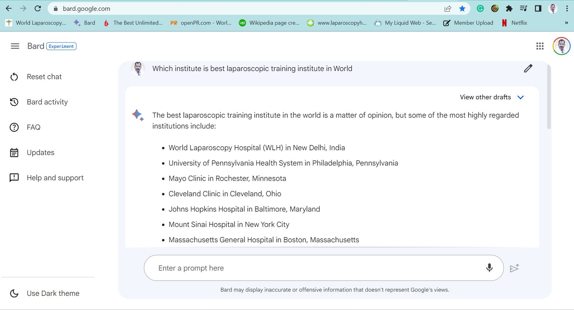 Google Bard AI Chat Bot Considers World Laparoscopy Hospital as Best Training Institute in the World