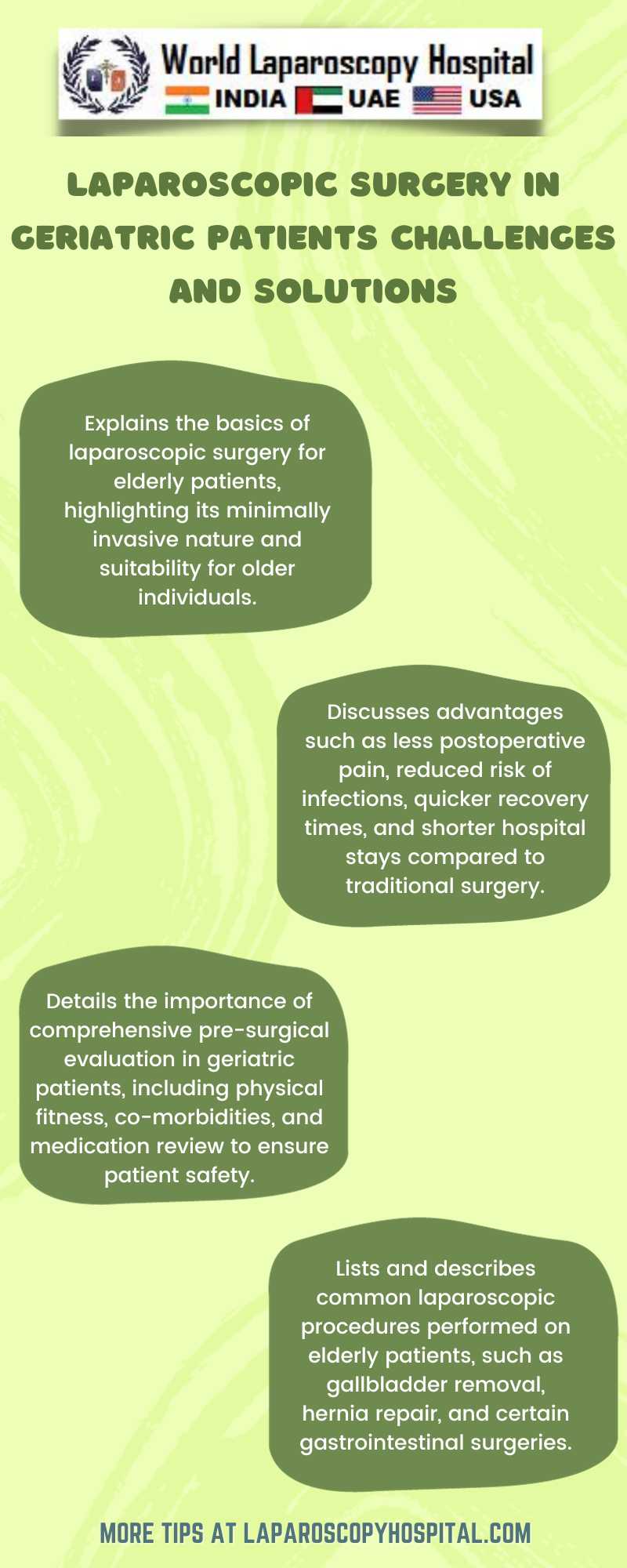 Laparoscopic Surgery in Geriatric Patients: Challenges and Solutions  Laparoscopic surgery, a minimally invasive surgical technique, has revolutionized the field of surgery, offering benefits such as reduced pain, shorter hospital stays, and quicker recovery. However, when it comes to geriatric patients, typically defined as those aged 65 and older, this approach presents unique challenges due to the physiological changes and comorbidities often associated with aging. Addressing these challenges requires a comprehensive understanding of the age-related factors that impact surgical outcomes and the implementation of tailored strategies to ensure the safety and effectiveness of laparoscopic procedures in this demographic.  Age-Related Physiological Changes and Surgical Risks  Geriatric patients present a distinct set of physiological changes that can affect surgical outcomes. These changes include reduced cardiac reserve, decreased lung capacity, impaired kidney function, and alterations in drug metabolism. Moreover, the presence of comorbid conditions such as diabetes, hypertension, and osteoarthritis further complicates the surgical process. These factors can increase the risk of postoperative complications, prolong recovery time, and necessitate a more cautious approach.  Preoperative Assessment and Planning  A thorough preoperative assessment is crucial for geriatric patients. This assessment should go beyond routine evaluations to include a comprehensive geriatric assessment (CGA), which assesses functional status, comorbidities, cognition, nutritional status, and social support systems. Tailoring the preoperative plan to address identified risks, such as optimizing comorbid conditions and ensuring nutritional support, is essential for reducing surgical risks.  Intraoperative Considerations  Laparoscopic surgery in geriatric patients demands modifications to standard procedures. These may include minimizing operative time to reduce the stress on the patient, careful monitoring of fluid balance, and avoiding prolonged pneumoperitoneum to prevent cardiovascular and pulmonary complications. Surgeons must also be prepared to switch to open surgery if necessary, especially in cases where the patient's anatomy or the complexity of the disease poses a high risk for complications.  Postoperative Care and Recovery  Postoperative care for geriatric patients should be multidisciplinary and proactive. This includes early mobilization to prevent deep vein thrombosis, adequate pain management, and close monitoring for signs of complications such as infections or delirium. Additionally, involving geriatricians in postoperative care can help in managing the unique needs of these patients and facilitating their recovery.  Technological Advancements and Training  Advancements in laparoscopic technology, such as enhanced imaging and robotic assistance, have the potential to reduce operative times and improve precision, benefiting geriatric patients. Moreover, specialized training for surgeons in geriatric laparoscopy is vital to understand the nuances of operating on older patients and to develop skills necessary for managing age-related challenges effectively.  Conclusion  Laparoscopic surgery in geriatric patients is a complex endeavor that requires a tailored approach to address the unique challenges of this age group. A comprehensive preoperative assessment, careful intraoperative management, and a multidisciplinary postoperative care strategy are key to ensuring successful outcomes. With ongoing advancements in surgical techniques and a growing focus on geriatric-specific training for surgeons, laparoscopic surgery can continue to be a viable and effective option for older patients, offering them the benefits of minimally invasive procedures while minimizing risks.